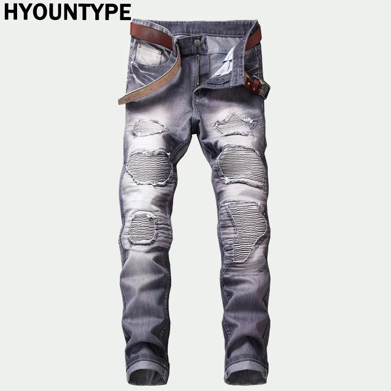fashion ripped biker jeans denim distressed trousers slim fit zippers hip hop jeans motorcycle pants casual streetwear for men stacked flare jeans