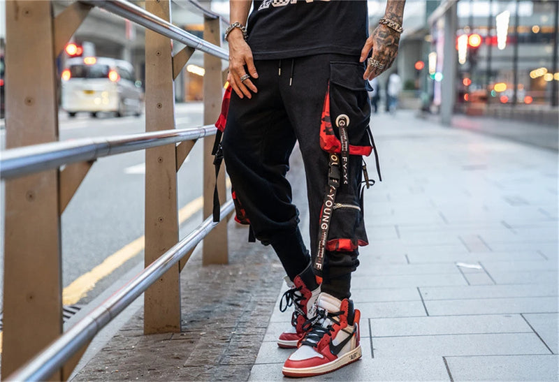 hip hop ribbons cargo pants men joggers pants streetwear men 2023 fashion mens elastic waist pant ribbons cotton black hw203 unique joggers style 2427