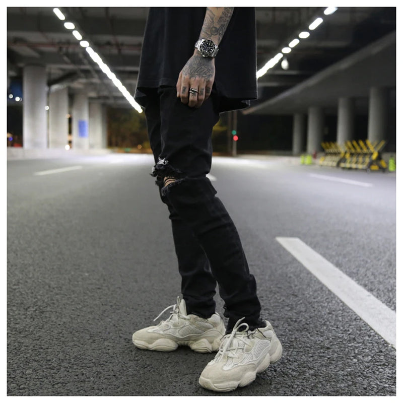 embroidery knee ripped hole jeans for men hip hop skinny biker destroyed taped jeans slim fit black denim pants 2018 new jogger unique joggers style 2168