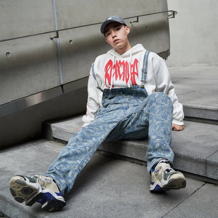 hip hop denim suspender trousers 2019 spring mens new fashion embroidery denim jeans jumpsuit loose straight casual pants unique jeans style 885