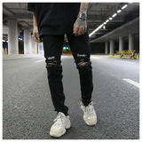 embroidery knee ripped hole jeans for men hip hop skinny biker destroyed taped jeans slim fit black denim pants 2018 new jogger unique joggers style 2167