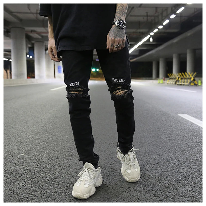 embroidery knee ripped hole jeans for men hip hop skinny biker destroyed taped jeans slim fit black denim pants 2018 new jogger unique joggers style 2167
