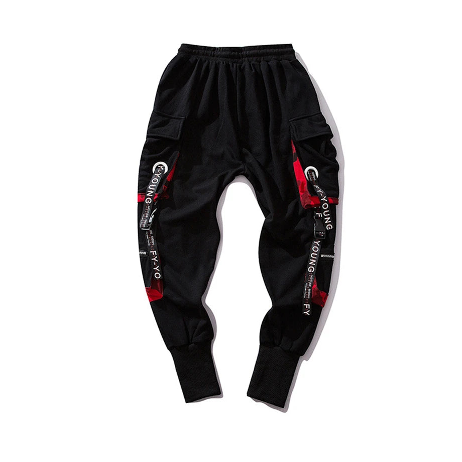hip hop ribbons cargo pants men joggers pants streetwear men 2023 fashion mens elastic waist pant ribbons cotton black hw203 unique joggers style 2436