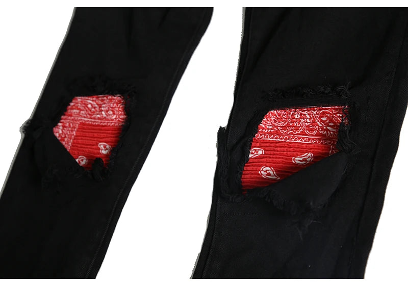 knee patchwork jeans for men hip hop skinny biker taped jean trousers slim fit black denim pants fashion streetwear jogger unique joggers style 962