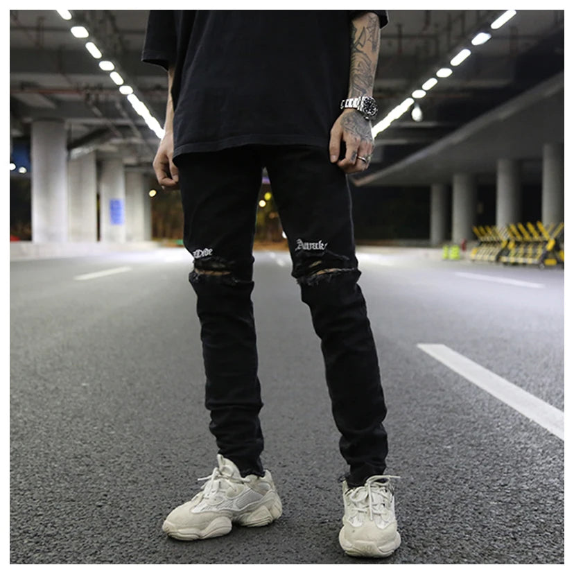 embroidery knee ripped hole jeans for men hip hop skinny biker destroyed taped jeans slim fit black denim pants 2018 new jogger unique joggers style 2166