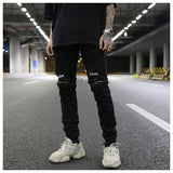 embroidery knee ripped hole jeans for men hip hop skinny biker destroyed taped jeans slim fit black denim pants 2018 new jogger unique joggers style 2166