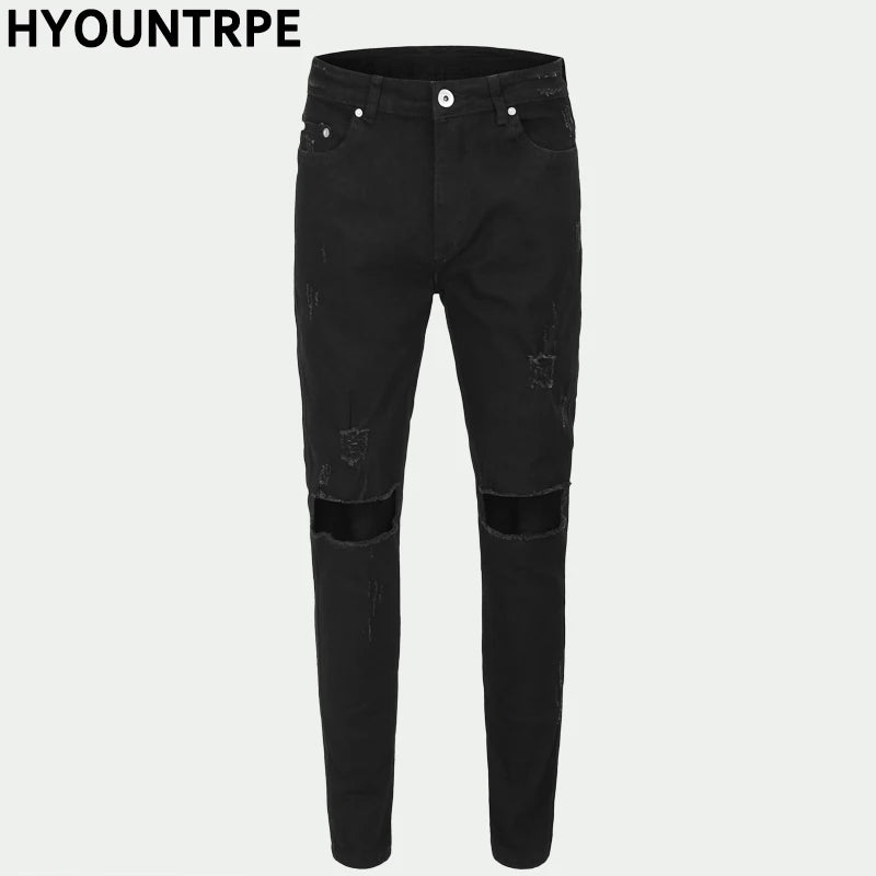 high street knee hole ripped biker jeans men slim fit elastic denim pants autumn new casual black stretch hip hop pants jogger unique joggers style 1731