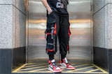 hip hop ribbons cargo pants men joggers pants streetwear men 2023 fashion mens elastic waist pant ribbons cotton black hw203 unique joggers style 2429