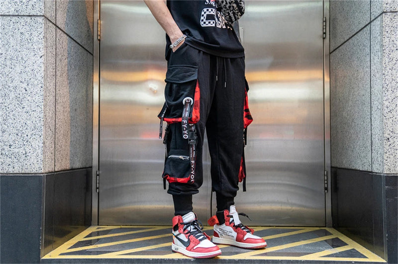 hip hop ribbons cargo pants men joggers pants streetwear men 2023 fashion mens elastic waist pant ribbons cotton black hw203 unique joggers style 2429