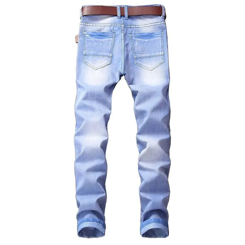 fashion ripped biker jeans denim distressed trousers slim fit zippers hip hop jeans motorcycle pants casual streetwear for men unique jeans style 1950