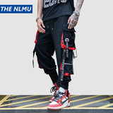 hip hop ribbons cargo pants men joggers pants streetwear men 2023 fashion mens elastic waist pant ribbons cotton black hw203 relaxed fit joggers