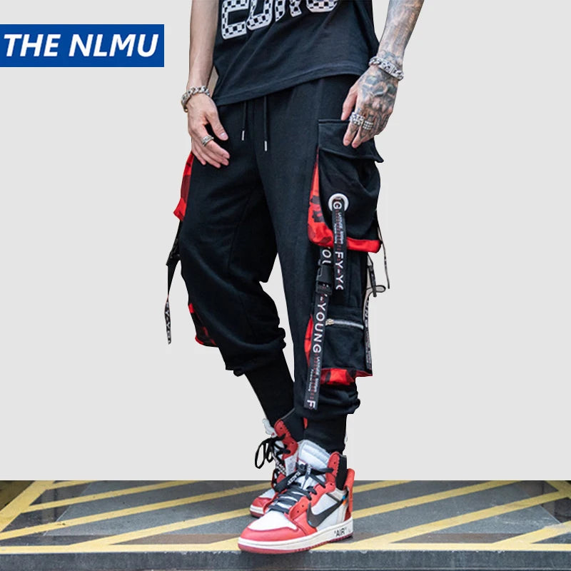 hip hop ribbons cargo pants men joggers pants streetwear men 2023 fashion mens elastic waist pant ribbons cotton black hw203 relaxed fit joggers