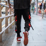 hip hop ribbons cargo pants men joggers pants streetwear men 2023 fashion mens elastic waist pant ribbons cotton black hw203 casual joggers