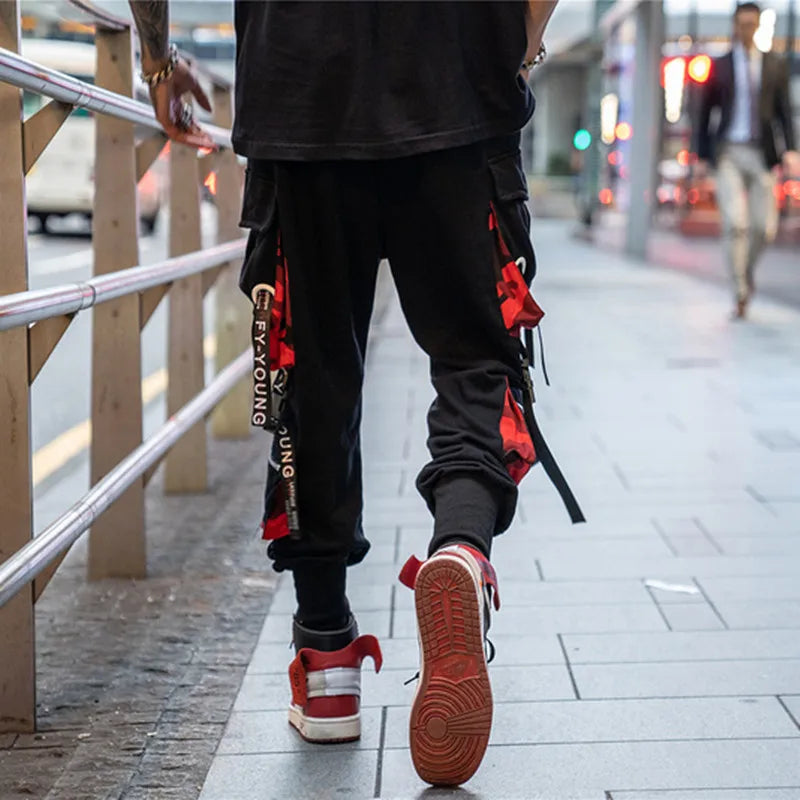 hip hop ribbons cargo pants men joggers pants streetwear men 2023 fashion mens elastic waist pant ribbons cotton black hw203 casual joggers