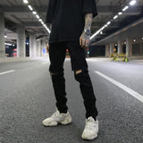 high street knee hole ripped biker jeans men slim fit elastic denim pants autumn new casual black stretch hip hop pants jogger casual joggers