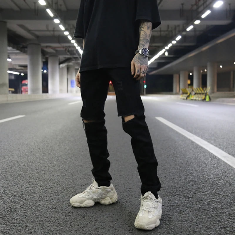 high street knee hole ripped biker jeans men slim fit elastic denim pants autumn new casual black stretch hip hop pants jogger casual joggers