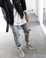 fashion designed slim fit ripped biker jeans hi street mens distressed denim joggers knee holes washed destroyed jeans men pants unique joggers style 1676