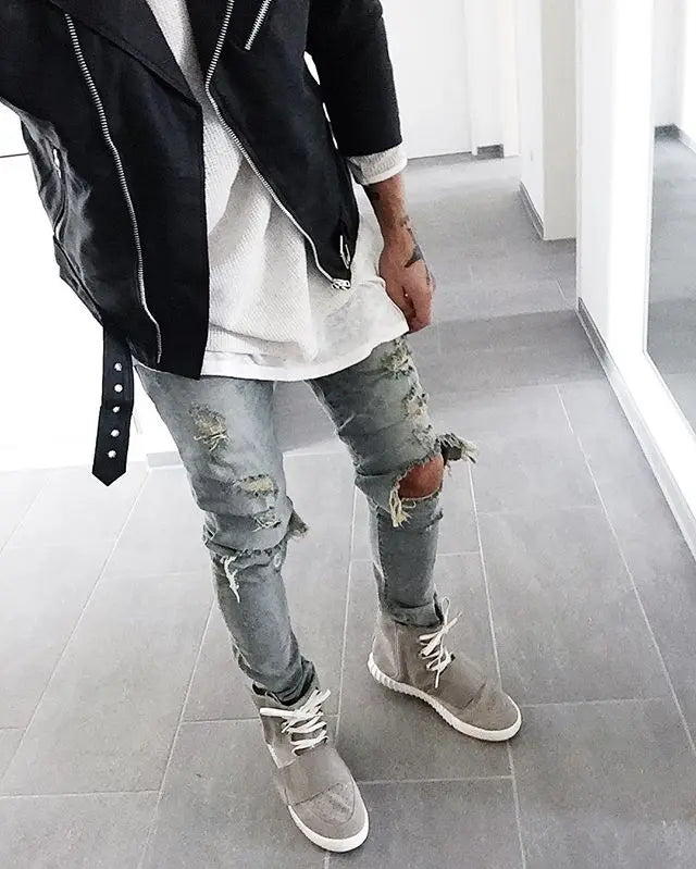 fashion designed slim fit ripped biker jeans hi street mens distressed denim joggers knee holes washed destroyed jeans men pants unique joggers style 1676