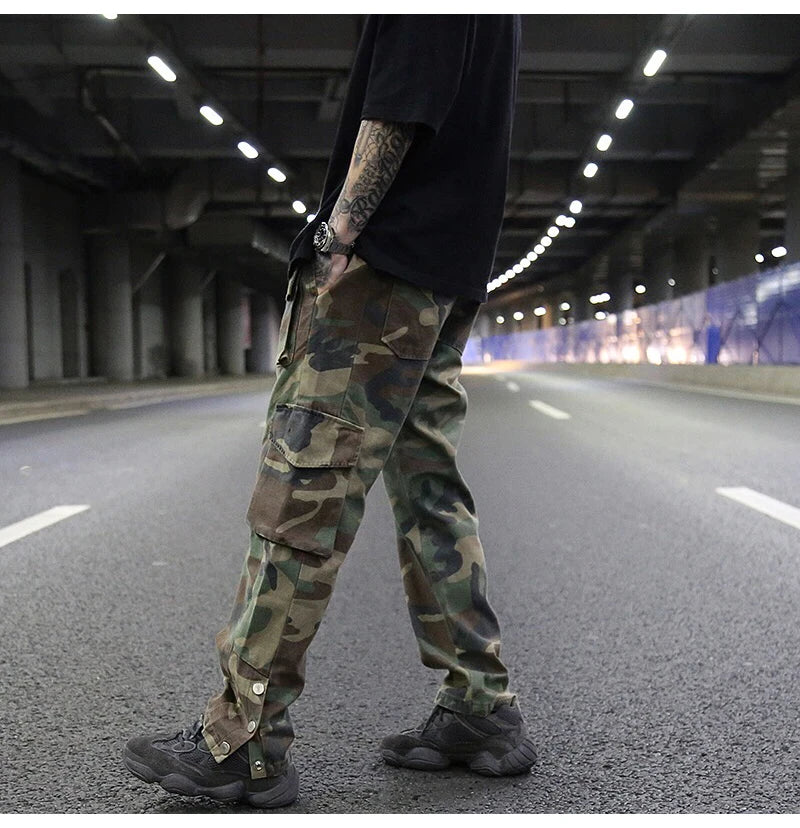 mens camouflage hip hop pants bottom button pockets cargo trousers fashion elastic waist drawstring sportswear streetwear jogger unique joggers style 3437