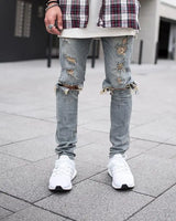 fashion designed slim fit ripped biker jeans hi street mens distressed denim joggers knee holes washed destroyed jeans men pants unique joggers style 1678