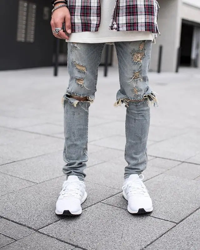 fashion designed slim fit ripped biker jeans hi street mens distressed denim joggers knee holes washed destroyed jeans men pants unique joggers style 1678