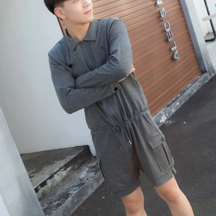 fashion zipper men rompers new summer long sleeve drawstring jumpsuit cargo pockets tops trousers black one piece suits overalls unique cargo style 3313