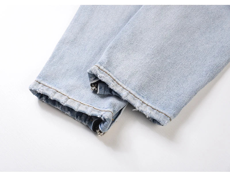 bottom zipper knee holes denim jeans destroyed ripped slim mens biker jeans new men fashion streetwear hip hop pants joggers unique joggers style 3416