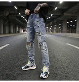 high street fashion destroyed jeans mens knee hole patchwork plaid ripped slim biker jeans new hip hop zipper pants joggers unique joggers style 4214