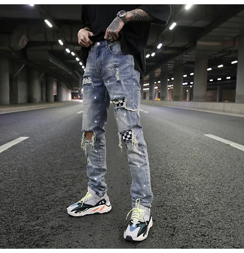 high street fashion destroyed jeans mens knee hole patchwork plaid ripped slim biker jeans new hip hop zipper pants joggers unique joggers style 4214
