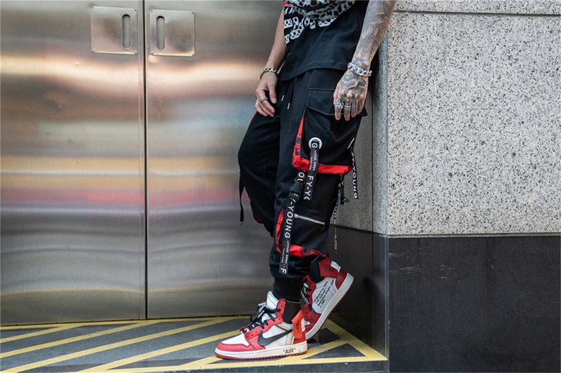 hip hop ribbons cargo pants men joggers pants streetwear men 2023 fashion mens elastic waist pant ribbons cotton black hw203 unique joggers style 2430