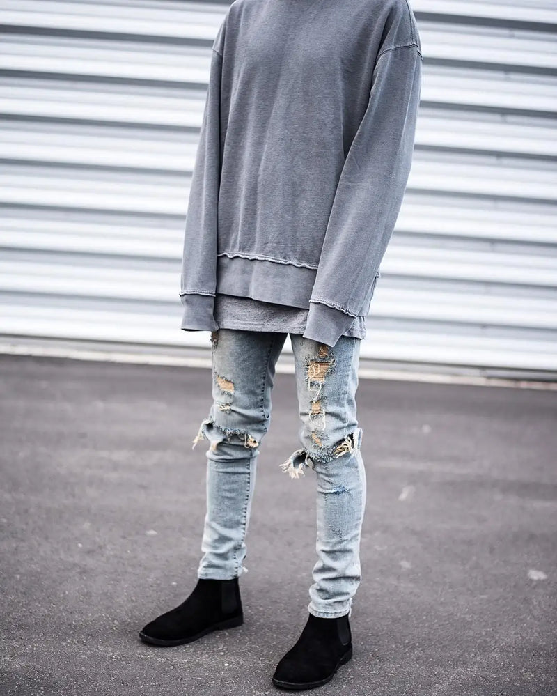 fashion designed slim fit ripped biker jeans hi street mens distressed denim joggers knee holes washed destroyed jeans men pants relaxed fit joggers