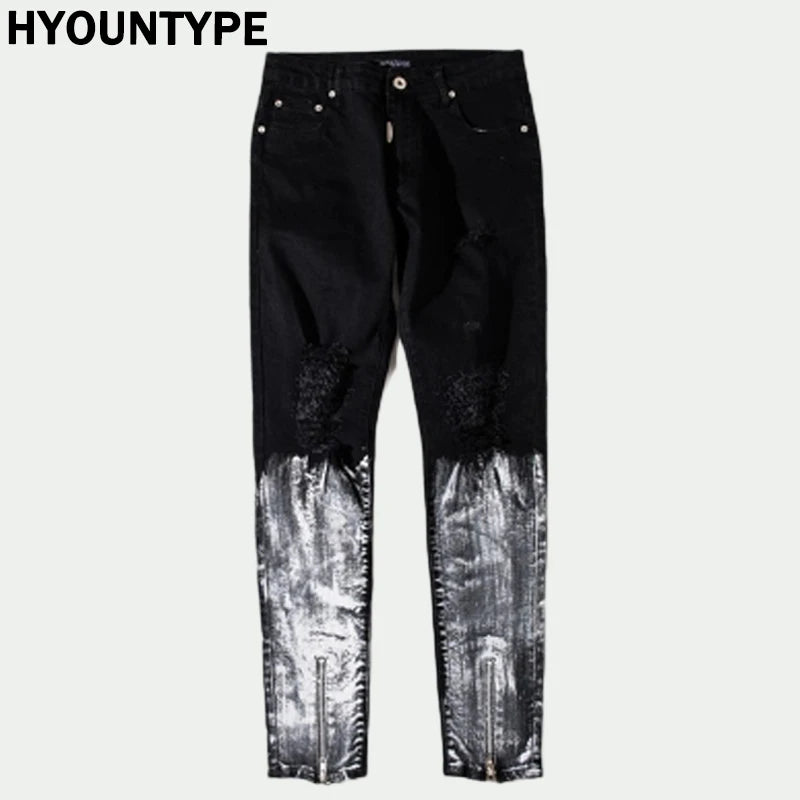 bottom graffiti printed zipper denim jeans mens ripped knee hole biker jean motorcycle slim trousers streetwear hip hop pants unique jeans style 2705
