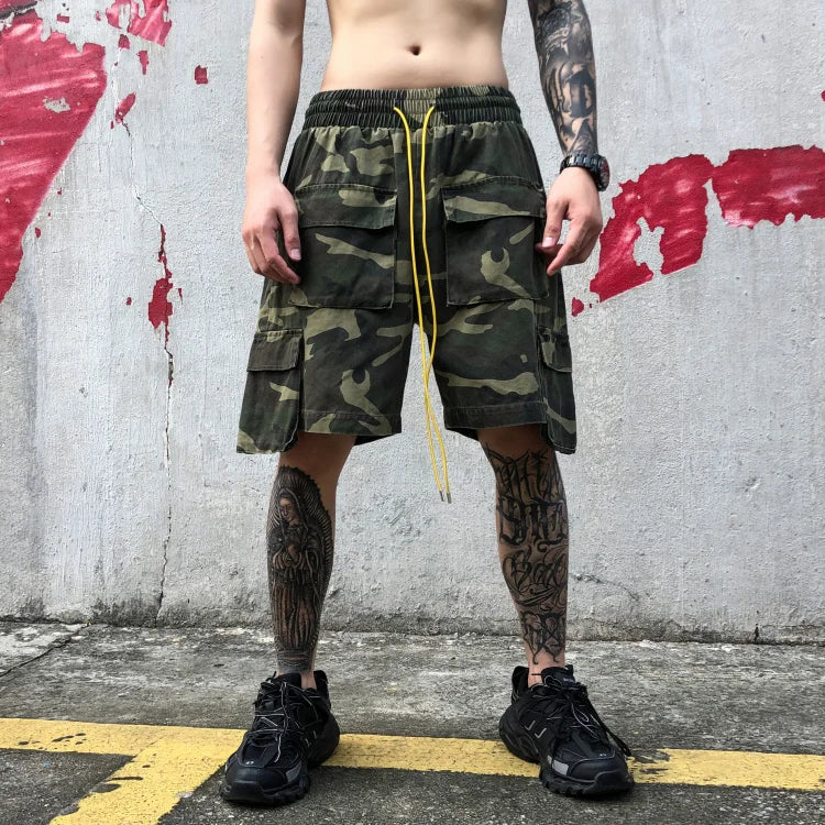 mens camouflage hip hop shorts stitching pockets cargo shorts casual elastic waist drawstring sportswear streetwear short pants unique cargo style 1889