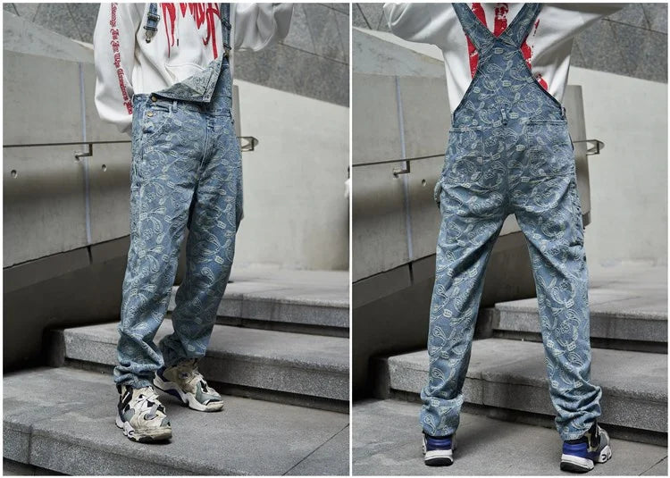 hip hop denim suspender trousers 2019 spring mens new fashion embroidery denim jeans jumpsuit loose straight casual pants unique jeans style 875