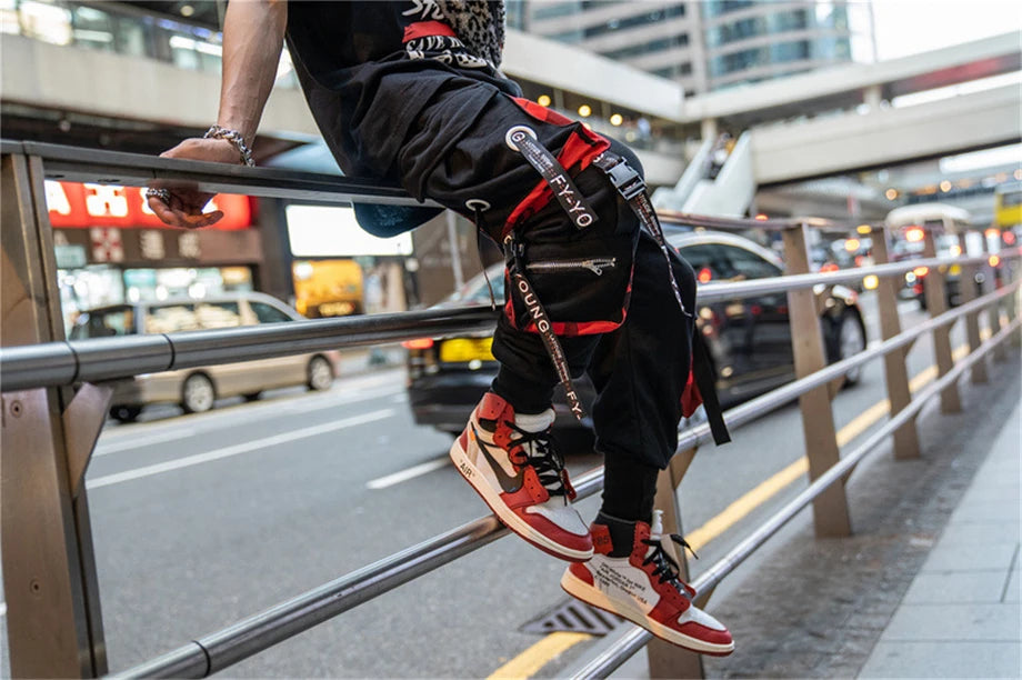 hip hop ribbons cargo pants men joggers pants streetwear men 2023 fashion mens elastic waist pant ribbons cotton black hw203 unique joggers style 2425