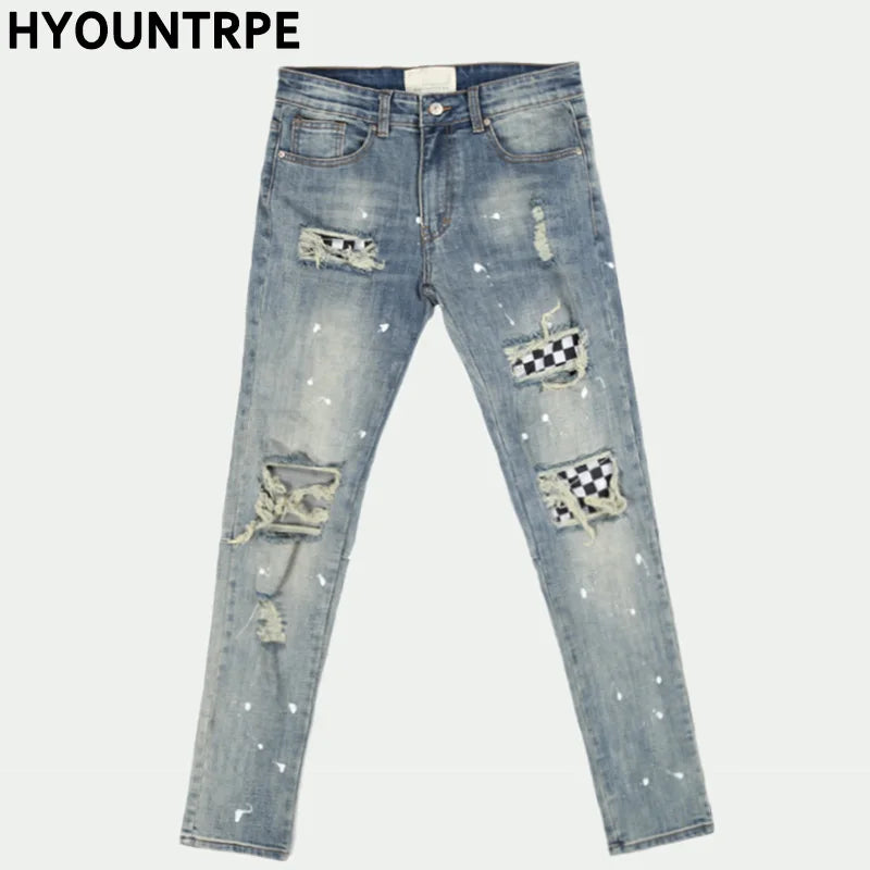 high street fashion destroyed jeans mens knee hole patchwork plaid ripped slim biker jeans new hip hop zipper pants joggers unique joggers style 4206