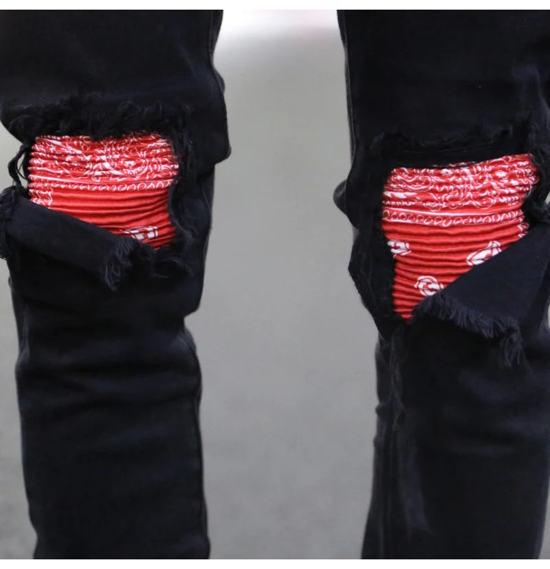 knee patchwork jeans for men hip hop skinny biker taped jean trousers slim fit black denim pants fashion streetwear jogger unique joggers style 953
