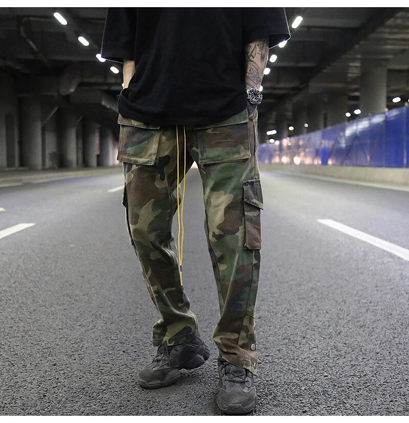 mens camouflage hip hop pants bottom button pockets cargo trousers fashion elastic waist drawstring sportswear streetwear jogger unique joggers style 3431