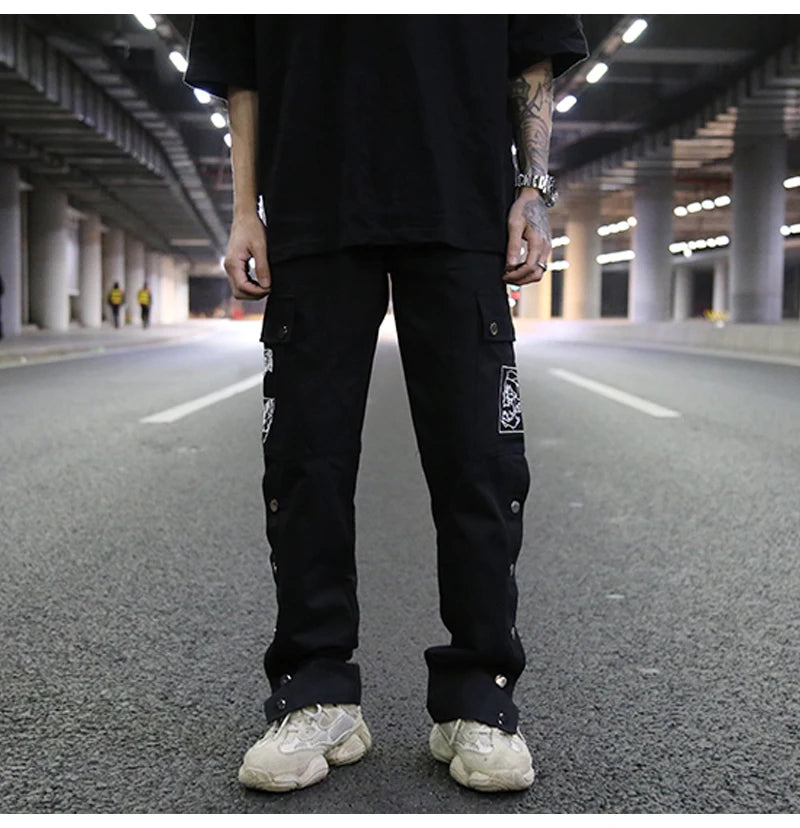 mens casual hip hop joggers side button trouser elastic waist drawstring sweatpants 2019 new cargo pockets streetwear man pants unique joggers style 2429