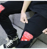 knee patchwork jeans for men hip hop skinny biker taped jean trousers slim fit black denim pants fashion streetwear jogger unique joggers style 952