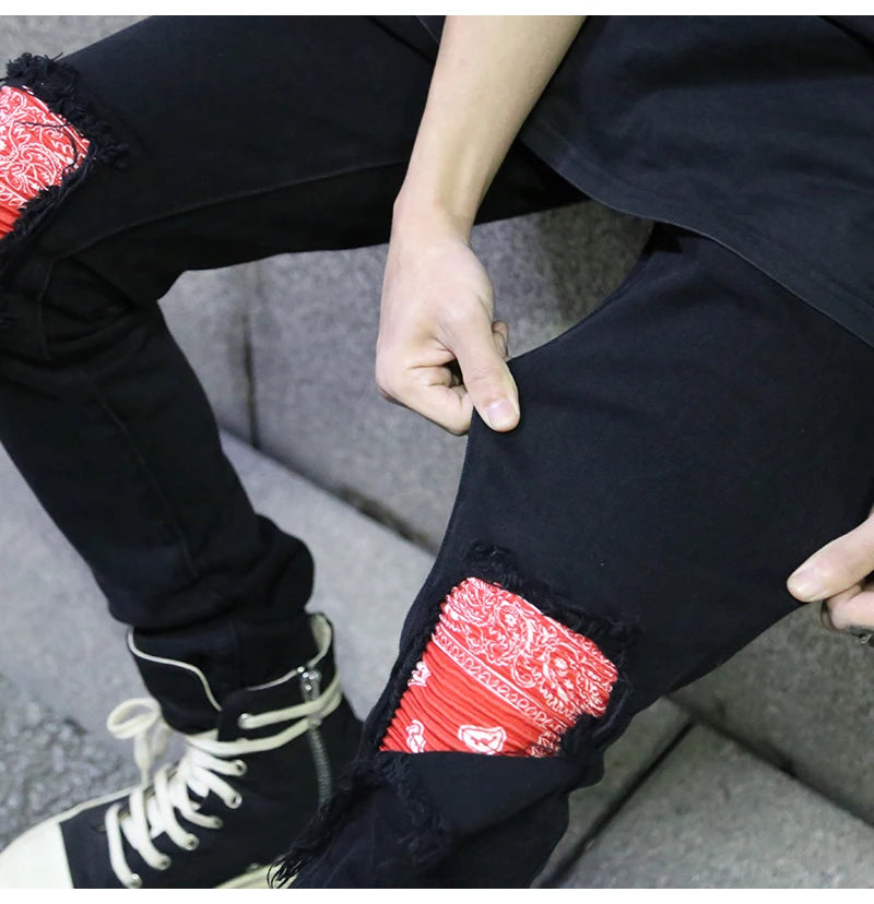 knee patchwork jeans for men hip hop skinny biker taped jean trousers slim fit black denim pants fashion streetwear jogger unique joggers style 952