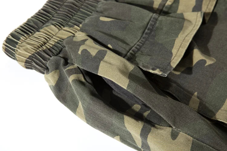 mens camouflage hip hop shorts stitching pockets cargo shorts casual elastic waist drawstring sportswear streetwear short pants unique cargo style 1891