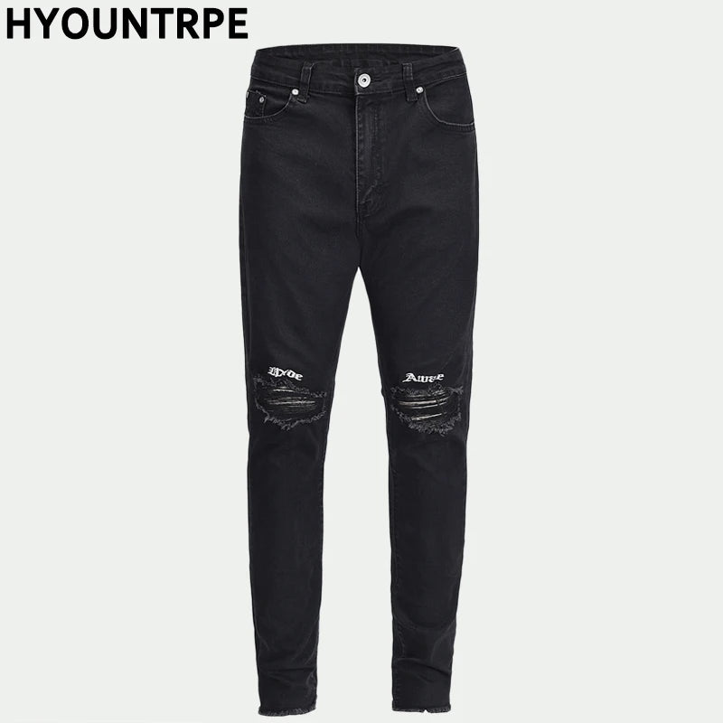 embroidery knee ripped hole jeans for men hip hop skinny biker destroyed taped jeans slim fit black denim pants 2018 new jogger unique joggers style 2160