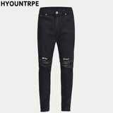 embroidery knee ripped hole jeans for men hip hop skinny biker destroyed taped jeans slim fit black denim pants 2018 new jogger unique joggers style 2160