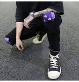 knee patchwork jeans for men hip hop skinny biker taped jean trousers slim fit black denim pants fashion streetwear jogger unique joggers style 957