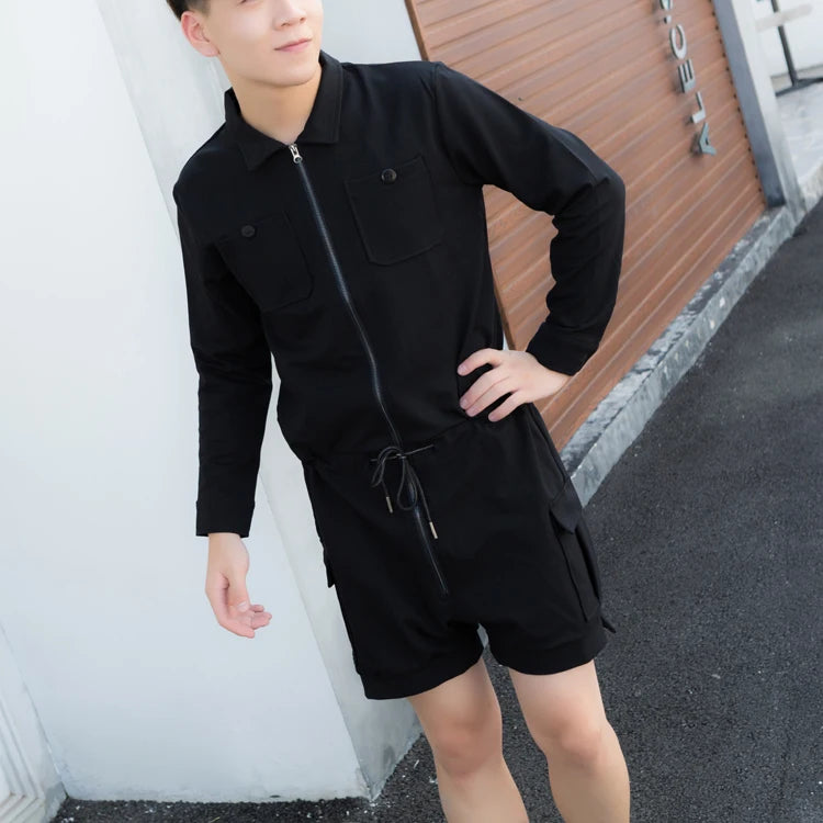fashion zipper men rompers new summer long sleeve drawstring jumpsuit cargo pockets tops trousers black one piece suits overalls unique cargo style 3319