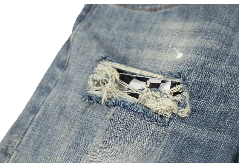 high street fashion destroyed jeans mens knee hole patchwork plaid ripped slim biker jeans new hip hop zipper pants joggers unique joggers style 4219