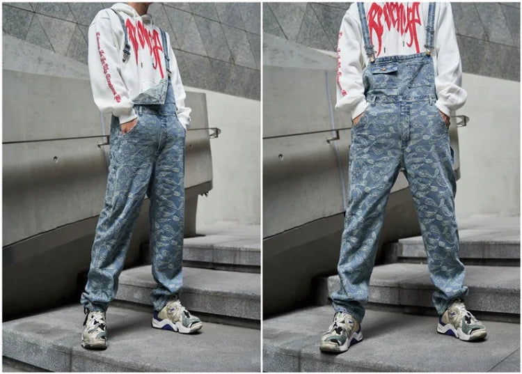 hip hop denim suspender trousers 2019 spring mens new fashion embroidery denim jeans jumpsuit loose straight casual pants unique jeans style 874