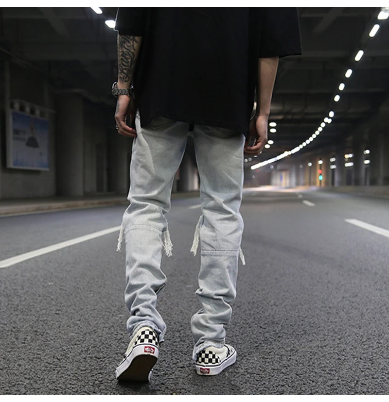 bottom zipper knee holes denim jeans destroyed ripped slim mens biker jeans new men fashion streetwear hip hop pants joggers unique joggers style 3402
