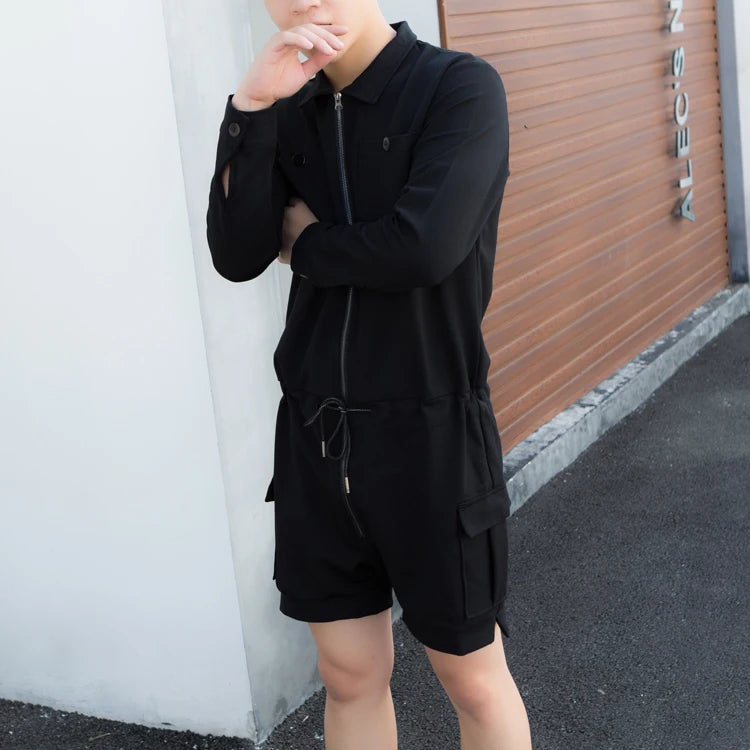 fashion zipper men rompers new summer long sleeve drawstring jumpsuit cargo pockets tops trousers black one piece suits overalls unique cargo style 3320